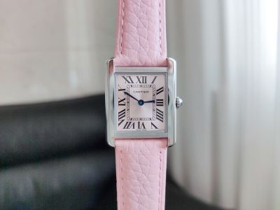 Cartier Pink Dial Pink Litchi-grain Strap 24/27mm Women's Watch
